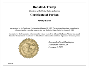 Jeremy Brown Certificate of Pardon Donald Trump